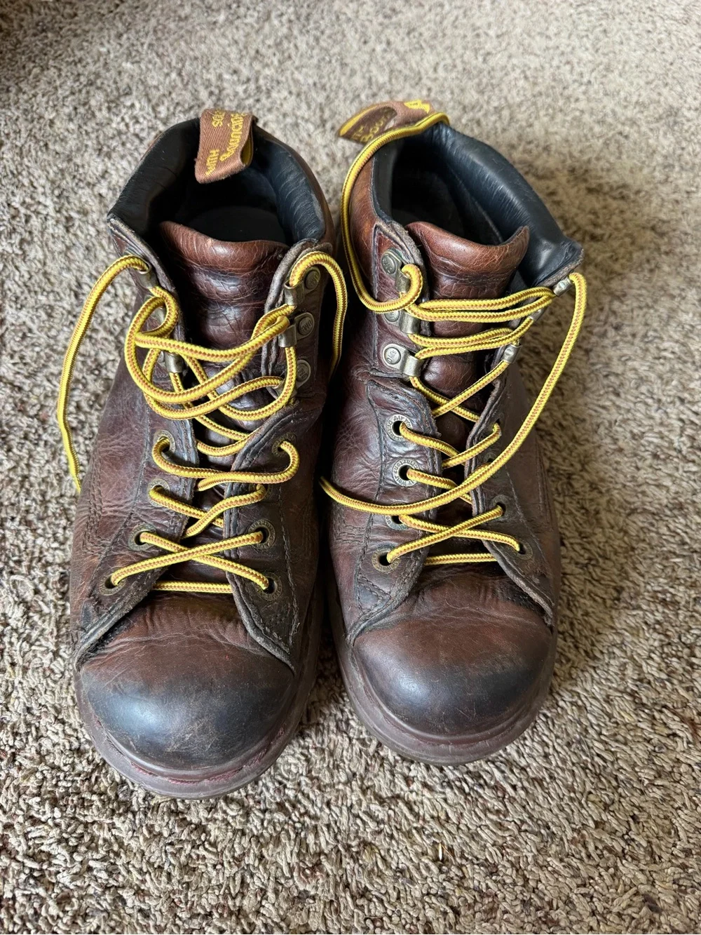 Dr. Martens Brown Leather Work Boots with Yellow Laces